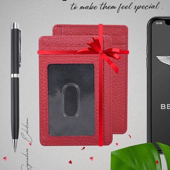 Luxury Leather Wallet Unisex RFID Card Holder Minimalist Exotic Red - Picture 4 of 6